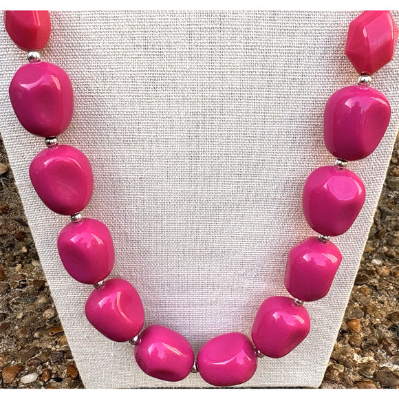 Vintage Joan Rivers Boho Acrylic Pink Tri Color Beaded Necklace Silver Tone 30" - Picture 2 of 6